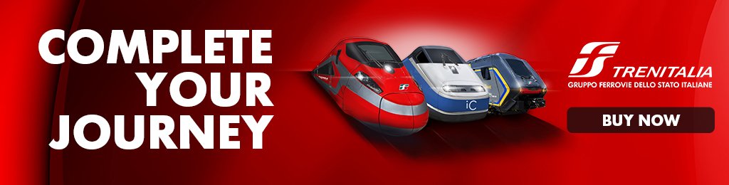 Banner promocional rojo con los elegantes trenes de alta velocidad de Trenitalia, el texto en blanco y en negrita «COMPLETA TU VIAJE» y un botón «Comprar ahora», que transmite un mensaje publicitario sobre viajes en tren.