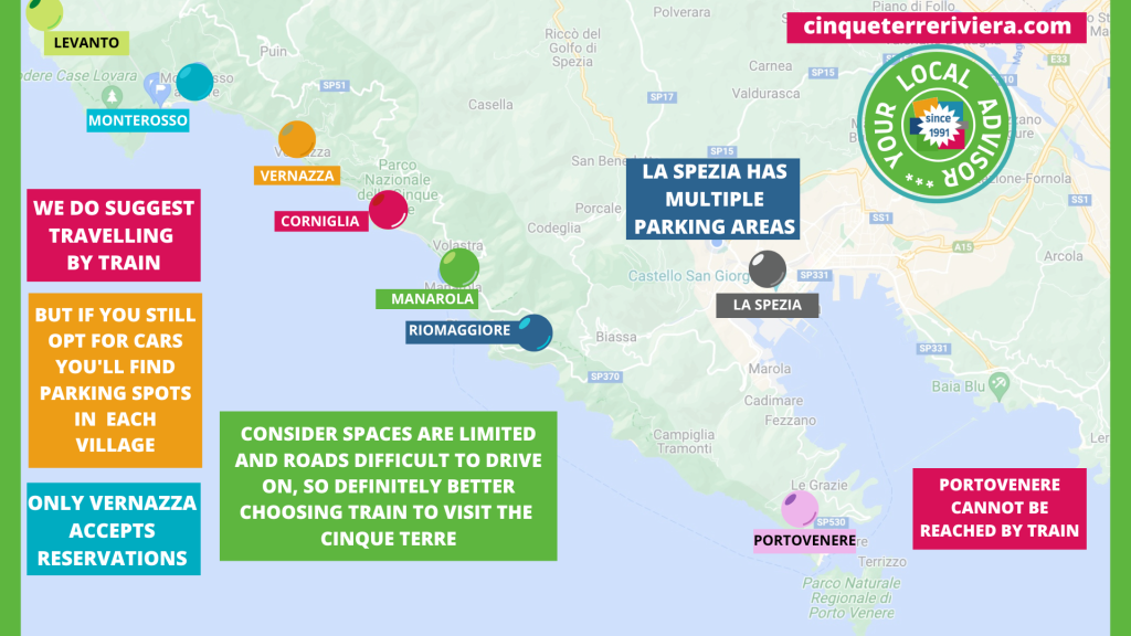 Mapa costero a todo color en el que aparecen las localidades de las Cinque Terre, como Monterosso, Vernazza, Corniglia, Manarola, Riomaggiore, La Spezia y Portovenere, con marcadores etiquetados y una insignia Cinque Terre Riviera.