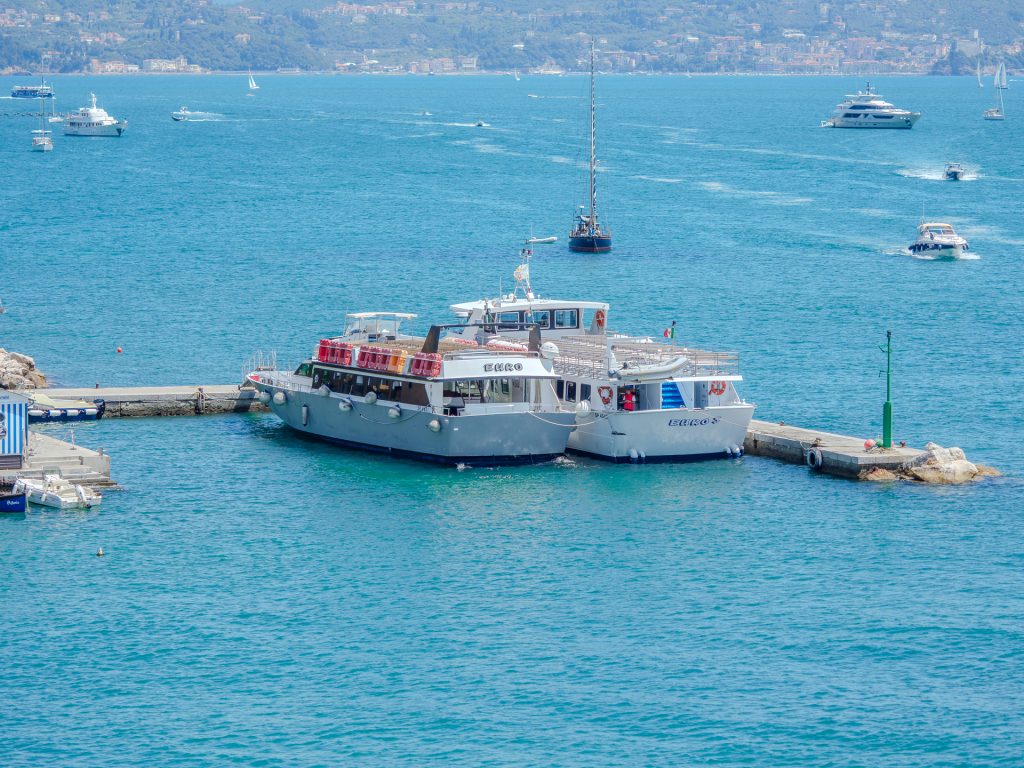 Un puerto de aguas azules con barcos de pasajeros blancos atracados en el muelle, varias lanchas a motor navegando por los alrededores, un horizonte despejado y una localidad costera en la lejanía bajo un cielo radiante.