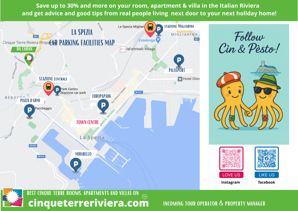 Mapa de las plazas de aparcamiento de La Spezia con iconos azules de aparcamiento y banners verdes, etiquetados como Cinque Terre Riviera, para planificar rutas y orientarse sobre el aparcamiento en la zona