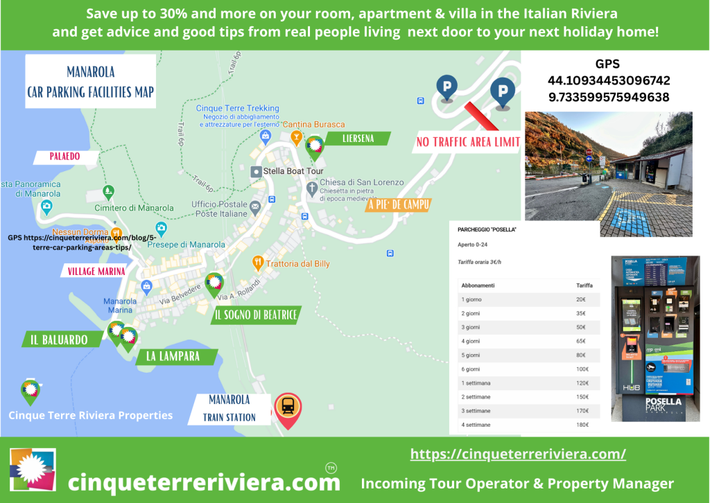 Mapa de aparcamientos de Manarola elaborado por Cinque Terre Riviera, con las calles señaladas, la zona del mar en azul y banners verdes que indican las zonas de aparcamiento y los puntos de interés.