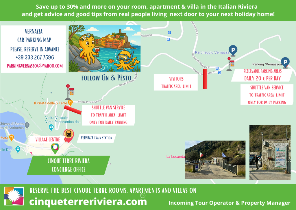 Ilustración a todo color de un mapa de aparcamientos de Vernazza en la que aparecen criaturas marinas de dibujos animados y un pueblo costero, con leyendas en negrita y el logotipo de Cinque Terre Riviera.