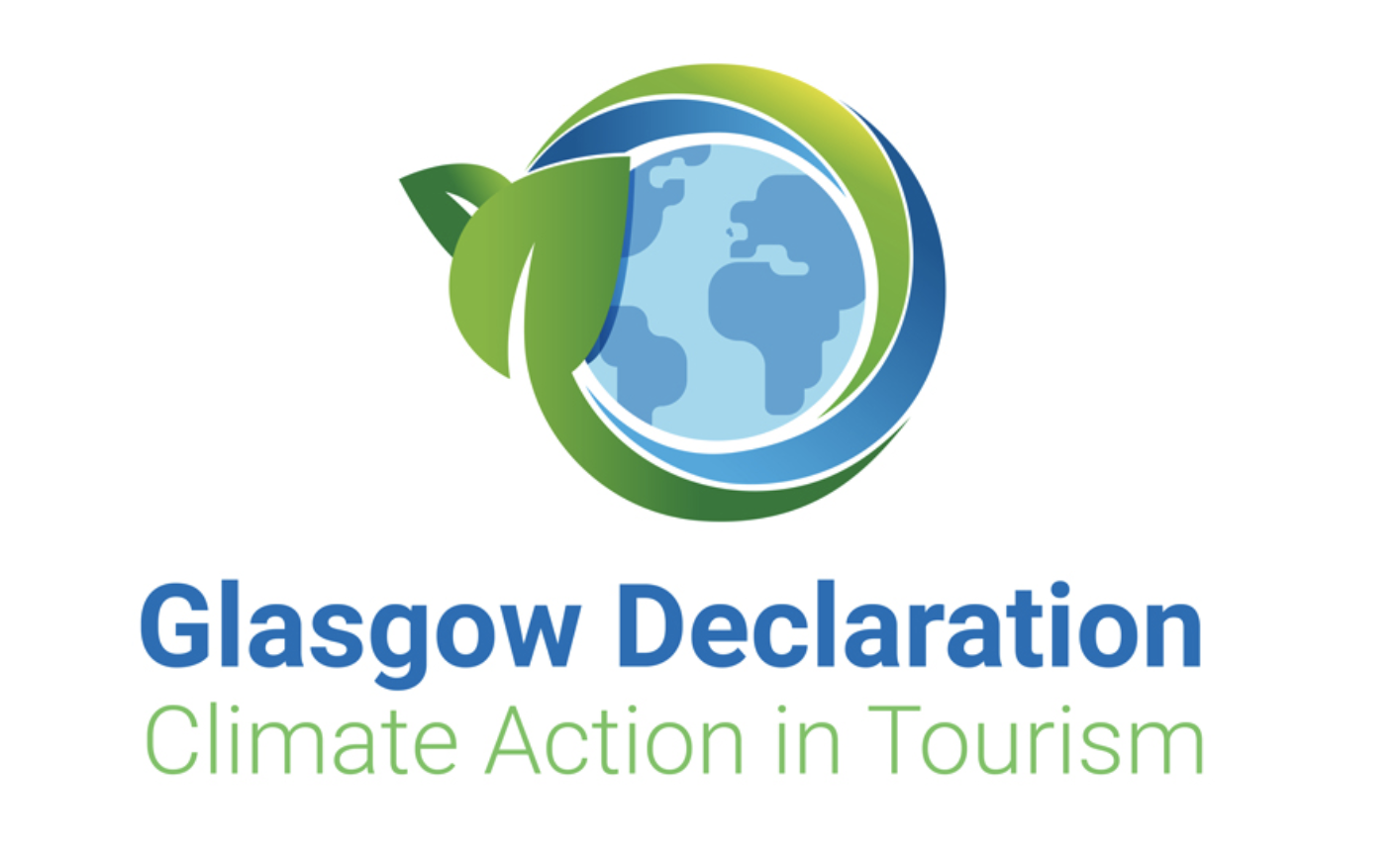 Logotipo de la «Declaración de Glasgow sobre la Acción Climática en el Turismo», con un globo terráqueo verde y azul y hojas, asociado a las iniciativas de sostenibilidad Cinque Terre Riviera.