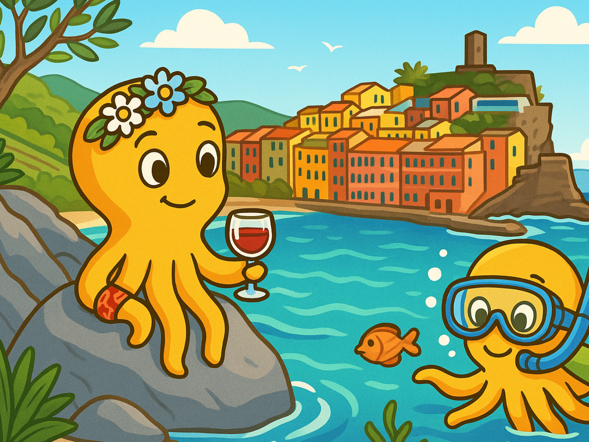 Escena de dibujos animados con pulpos amarillos junto a aguas costeras turquesas con una costa rocosa y un colorido pueblo en la ladera; un pulpo lleva una corona de flores y sostiene una copa de vino, el otro lleva equipo de esnórquel.