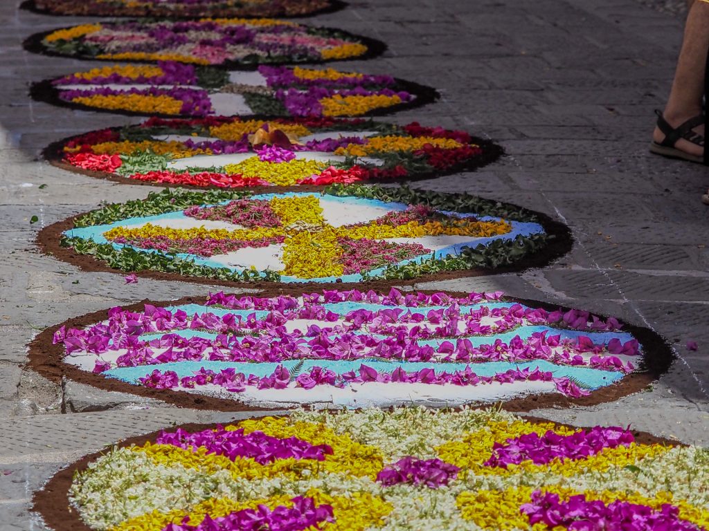 Colorful circular flower carpets laid along a cobblestone street, featuring pink, yellow, blue and white petals arranged in decorative patterns during a street display.