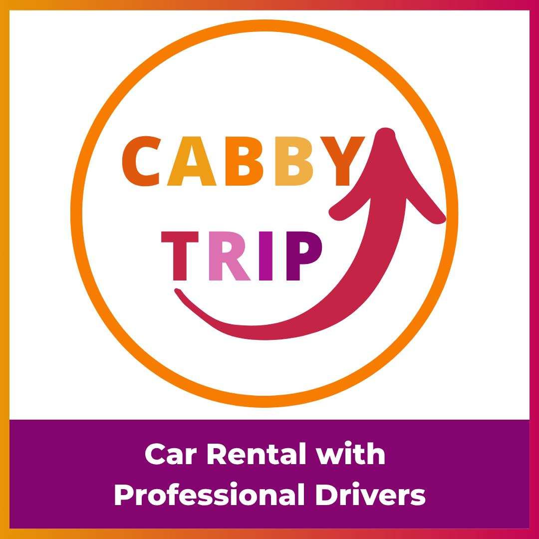 Logo di Cabby Trip con bordo circolare arancione, testo caldo CABBY TRIP con motivo a freccia curva e banner viola sottostante con la dicitura Car Rental with Professional Drivers
