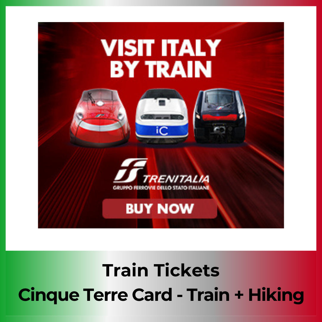 Banner promozionale di Trenitalia con tre treni su sfondo rosso e la scritta in grassetto “Visita l’Italia in treno”, utilizzato sul sito Cinque Terre Riviera per la promozione turistica.