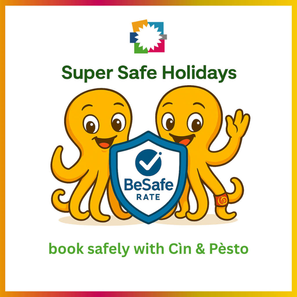 Dos alegres pulpos de dibujos animados amarillos están de pie junto a un escudo azul con el logotipo de BeSafe, bajo las palabras Super Safe Holidays y un subtítulo verde sobre reservar con seguridad con Cin & Pèsto.