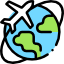 Ilustración de estilo icono que representa un avión azul sobre un globo terráqueo verde, que simboliza la planificación de viajes y vacaciones con Cinque Terre Riviera y las escapadas a la costa para viajeros de todo el mundo.